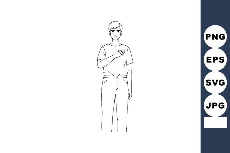 Young man standing with hand on chest gesture simple line ar