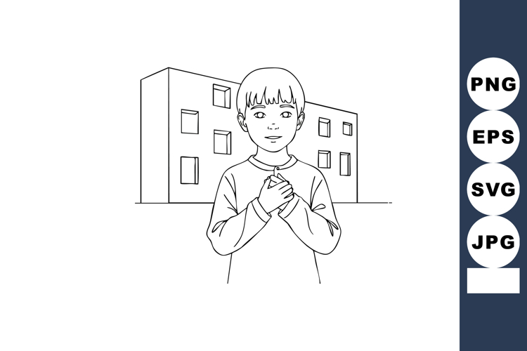 Boy Standing in Front of Urban Building Line Art Vector Illu