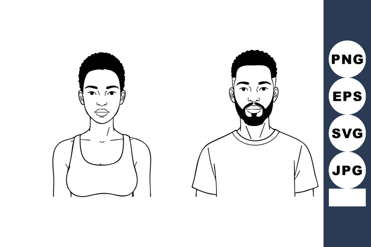 Black man and woman portraits front view simple line art ill