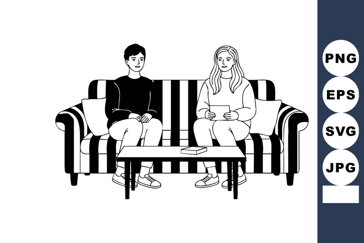 Two young people sitting on striped sofa in modern living ro