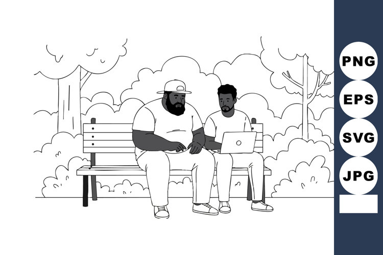 Two men sitting on park bench using laptop in outdoor natura example image 1