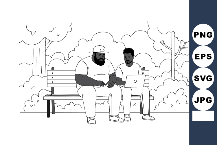 Two men sitting on park bench using laptop in outdoor natura