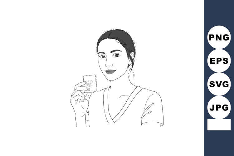 Woman holding a glass with elegant expression line art vecto