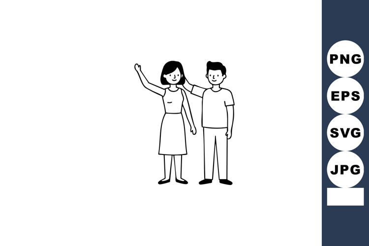 Man and woman standing together waving hand simple black lin