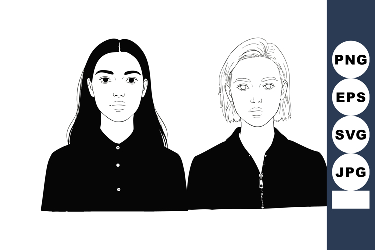 Two women front view portrait black and white minimal vector