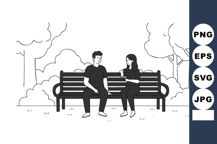 Young couple sitting on park bench talking in outdoor natura