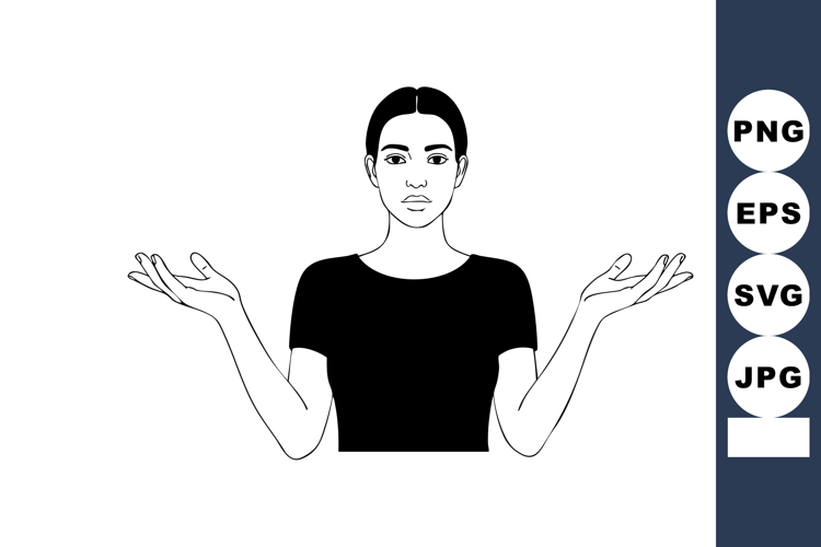 Woman with raised hands shrugging gesture in black t-shirt v