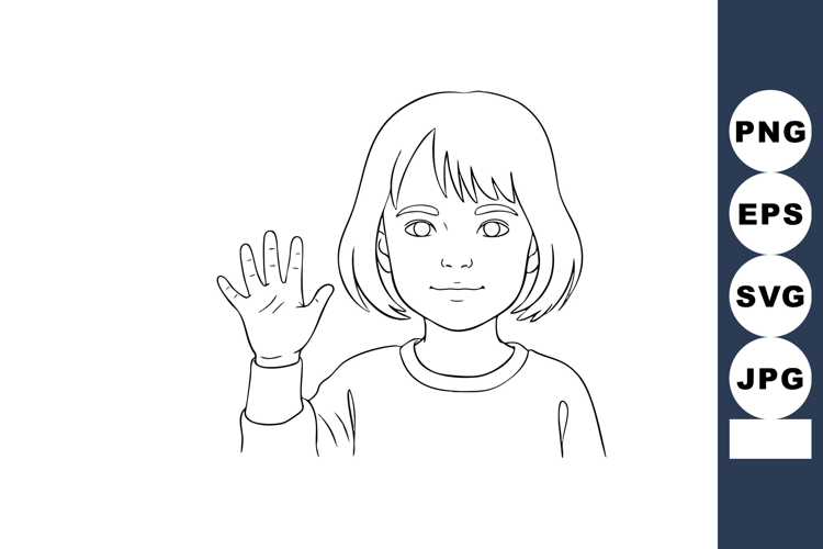 Child waving hand friendly gesture simple line art illustrat