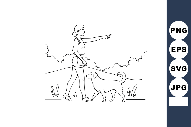 Woman walking dog pointing forward outdoors line art vector