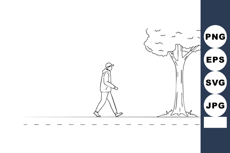 Man walking under tree simple line art vector illustration n