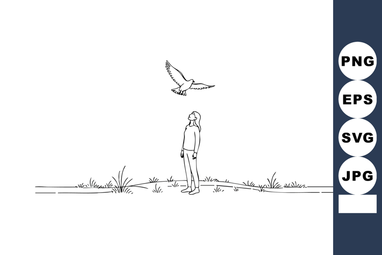 Minimalist line art of child looking at bird flying over gra