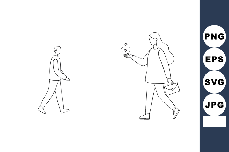 Minimalist line art of man and woman walking in opposite dir