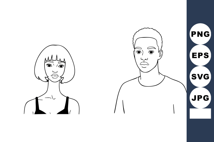 Line art illustration of young man and woman with serious ex