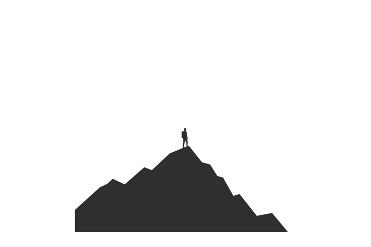 Silhouette of a climber on a mountain peak in flat vector ar