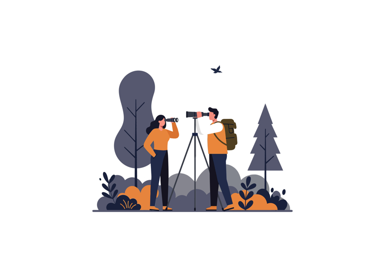Enthusiastic hikers observing nature through binoculars in f