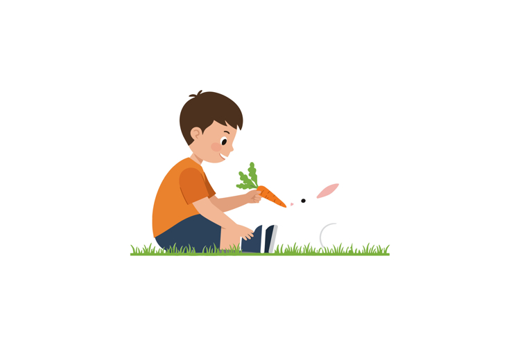 Child feeding a rabbit with a carrot in flat vector art