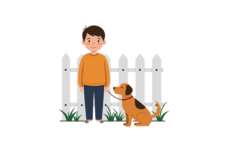 Happy child and playful dog in flat vector illustration