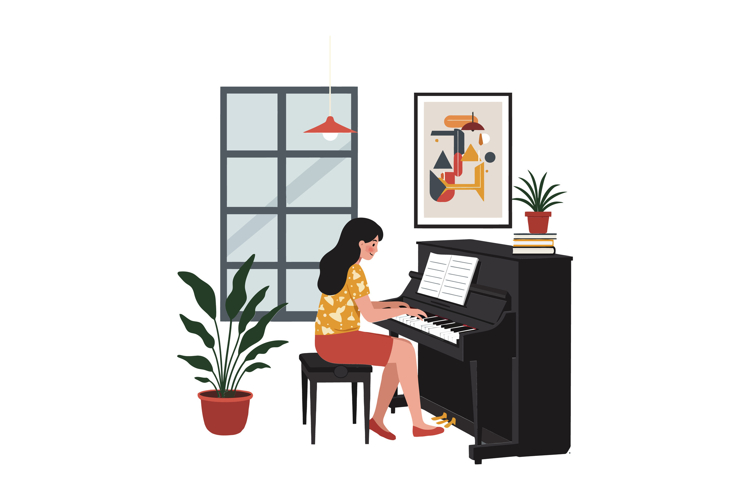 Woman playing piano in minimal design with indoor plants vec