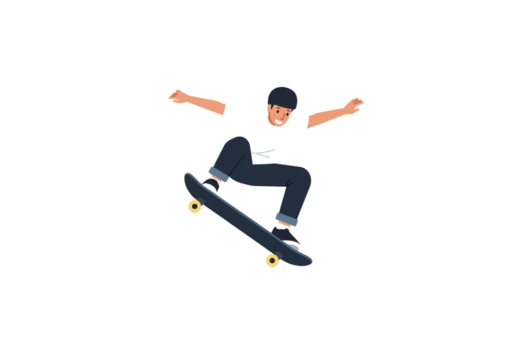 Skateboarder performing a trick in flat vector art style vec