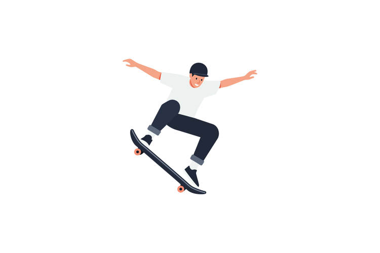 Skateboarder performing a trick in minimal flat vector art