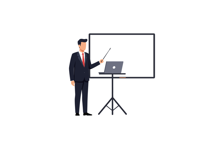 Professional presenter with pointer and laptop in flat vecto