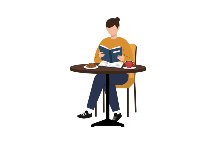 Person reading a book while enjoying coffee in flat vector a