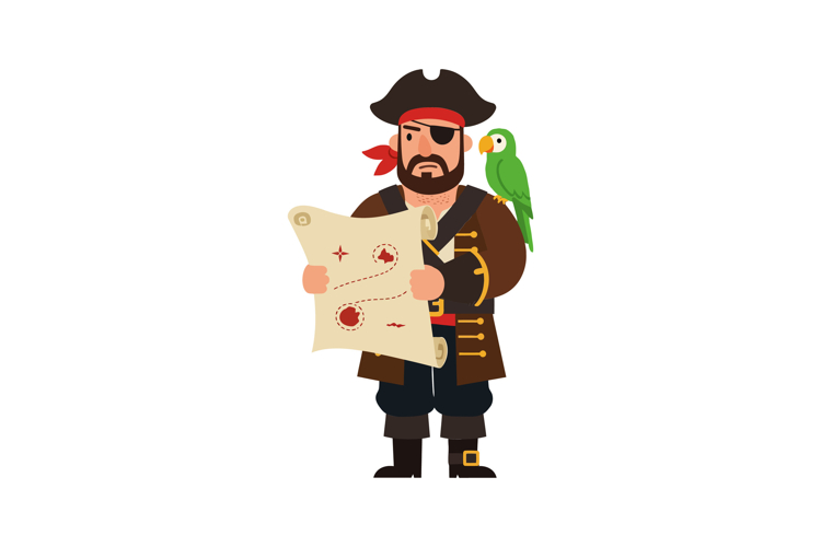 Pirate character holding a treasure map in flat vector art