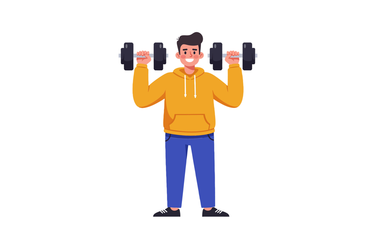 Fit man lifting dumbbells in vibrant colors flat vector art