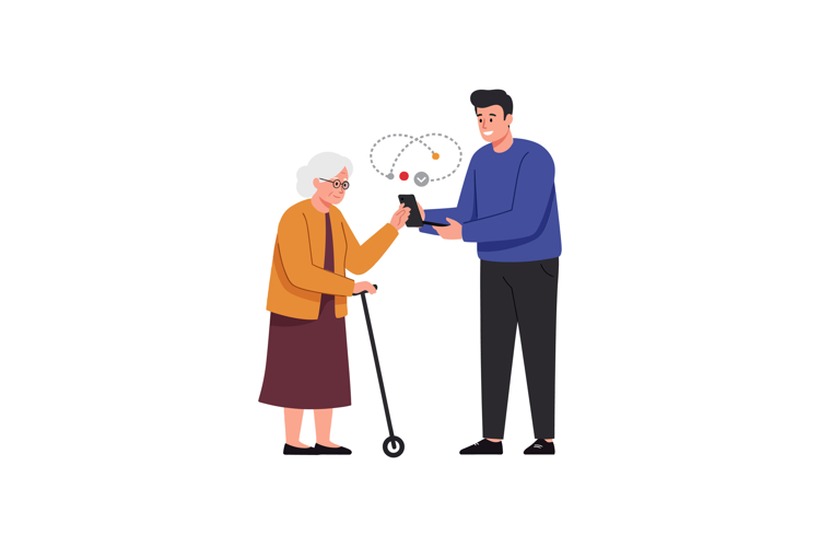 Elderly woman receiving assistance from a young man in flat