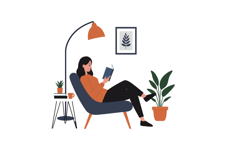 Cozy indoor scene with woman reading in modern flat vector a