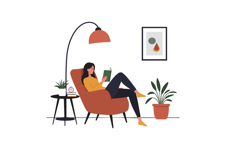 Cozy reading scene with a woman in a modern chair flat vecto