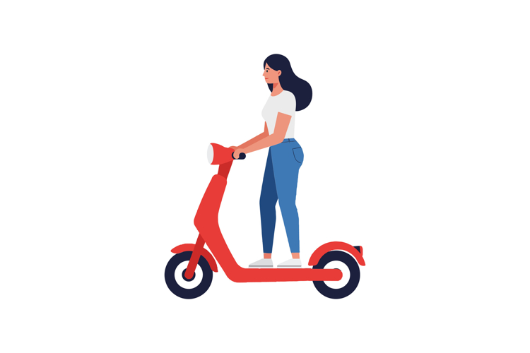 Woman riding a red electric scooter in minimal vector illust