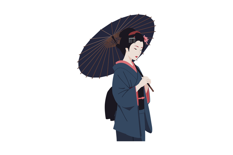 Elegant woman in kimono holding a parasol in flat vector art