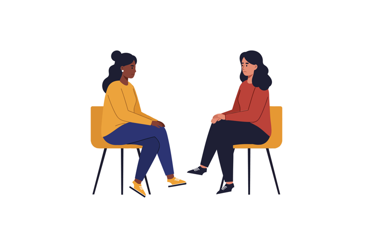 Two women engaged in conversation on chairs flat vector illu