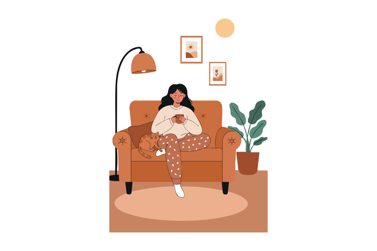 Woman Relaxing on Brown Sofa with Cat and Warm Indoor Lighti