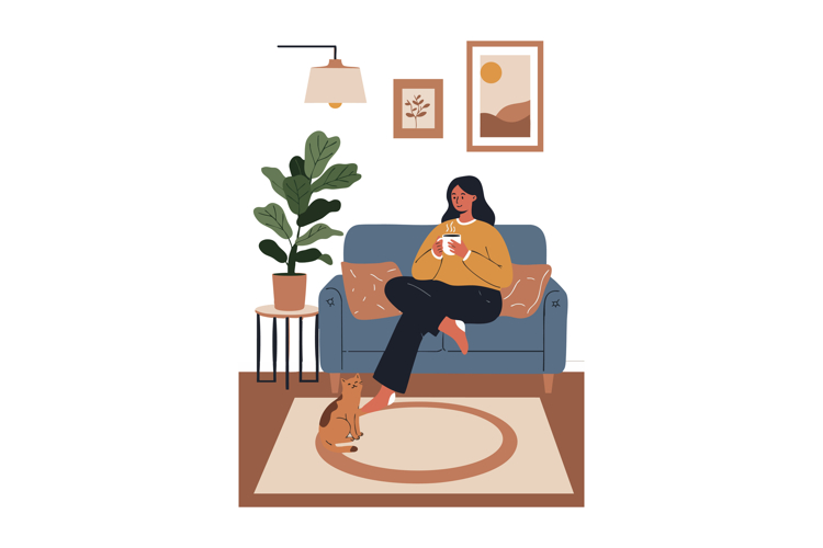 Woman Relaxing on Sofa with Cat and Indoor Plant in Cozy Liv