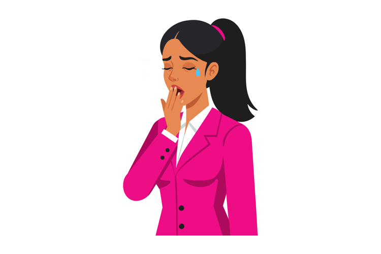 Young woman in pink suit yawning and crying showing tirednes