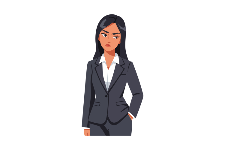 Businesswoman with black hair wearing formal dark grey suit