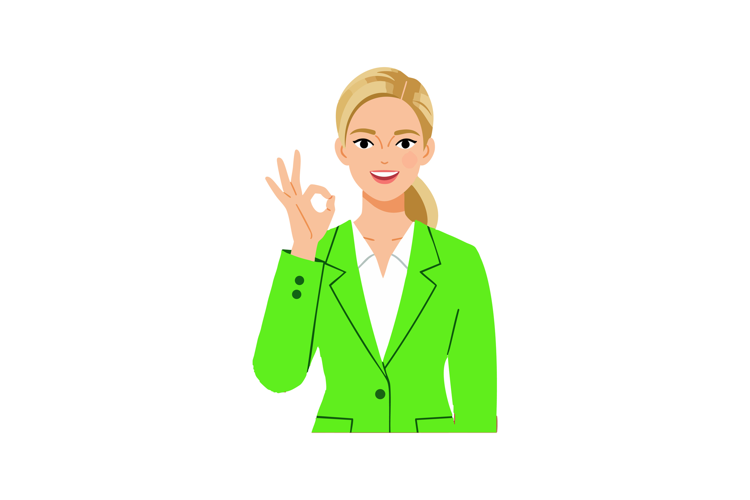 Woman in green blazer making okay gesture smiling friendly c