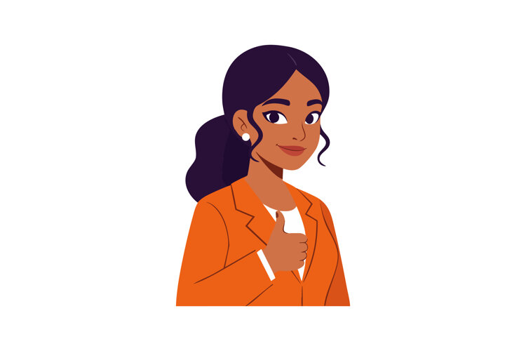 Businesswoman in orange blazer giving thumbs up positive ges example image 1