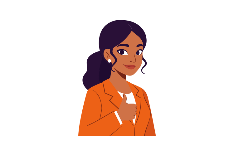 Businesswoman in orange blazer giving thumbs up positive ges