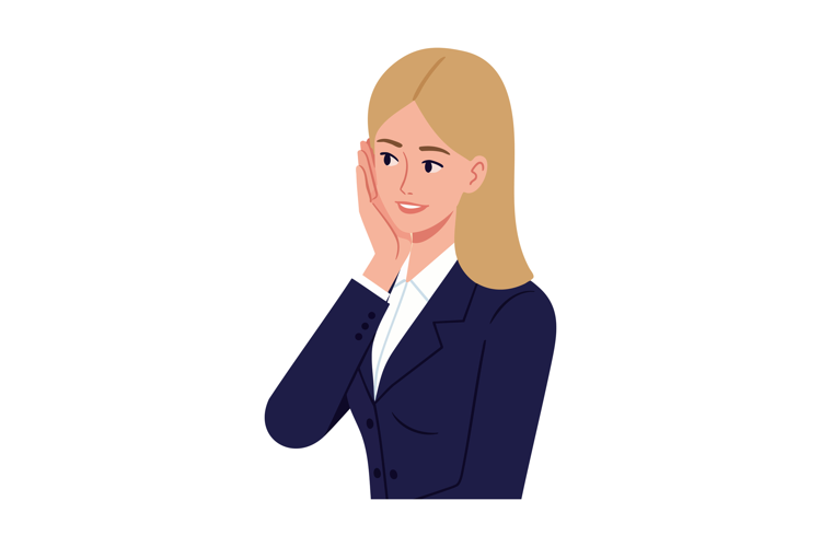Blonde Businesswoman in Blue Suit Touching Face Vector Illus