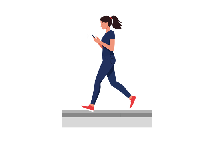 Woman walking while looking at smartphone in casual outfit v