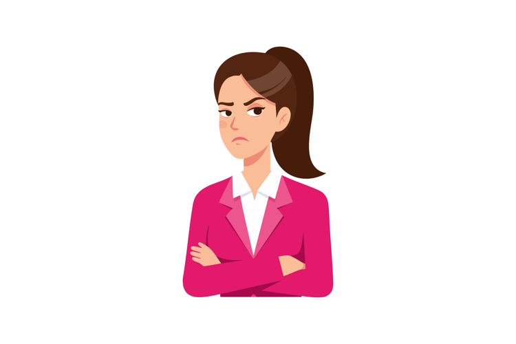 Woman in pink blazer crossing arms with serious expression v