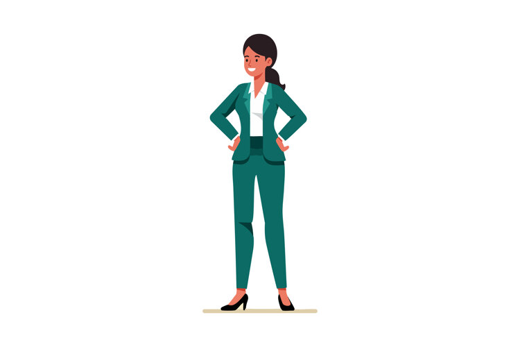 Confident businesswoman standing in green suit and black hee example image 1