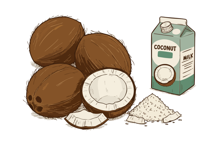 Coconut fruit with milk carton and shredded coconut powder v