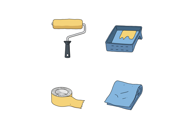 Painting tools with paint roller tray tape and cloth for hom