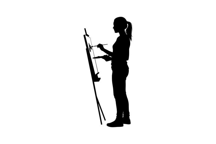 Woman artist painting on canvas easel silhouette in creative