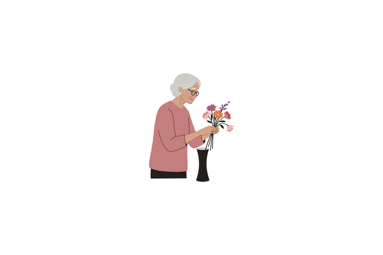 Elderly Woman Arranging Pink and Orange Flowers in Vase Vect