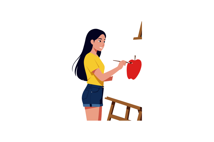 Young woman painting red apple on canvas in casual yellow sh
